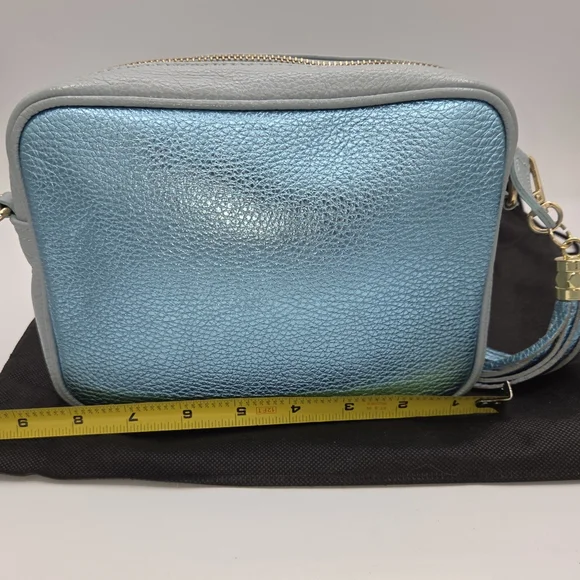 Elie Beaumont London Crossbody Handbag Purse Light Blue Pebbled Leather Metallic - Picture 8 of 10
